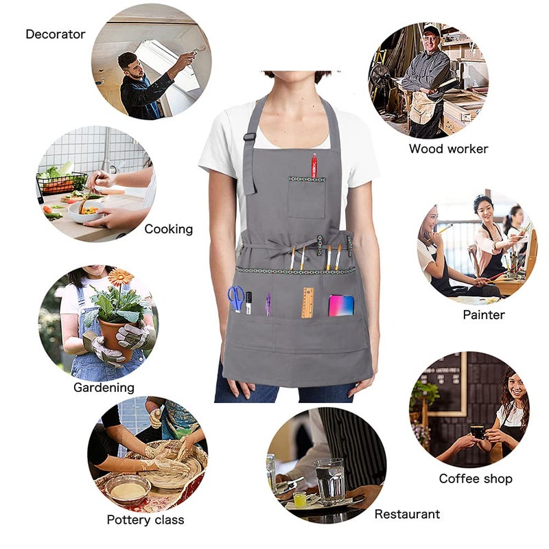 FreeNFond Adjustable Artist Apron with Pockets for Women Men Canvas Painting Aprons for Arts Gardening Utility or Work - Image 4